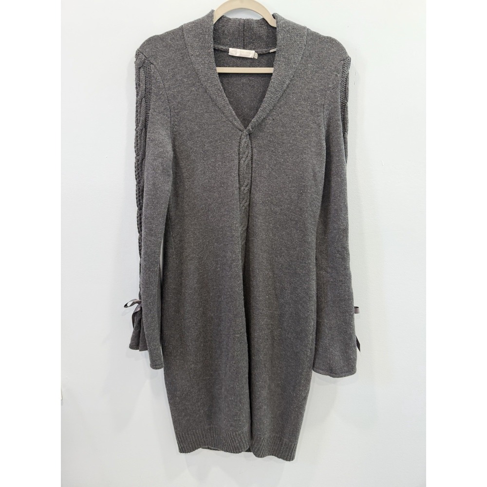 Badgley Mischka Gray Knit Sweater Dress Long Sleeve Longline Soft Old Money